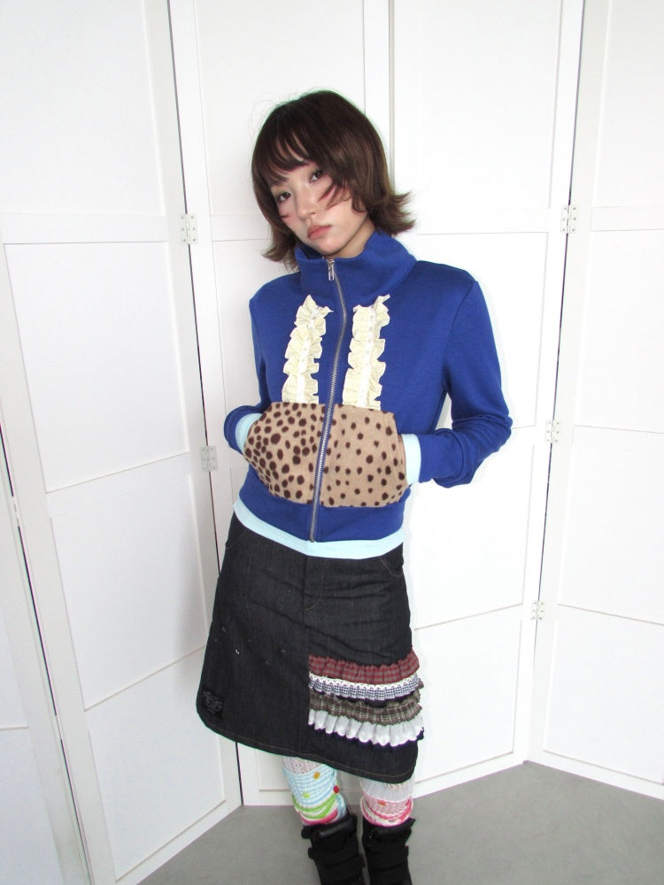 Lace Patchwork Deer Short Jacket Zipper Terry Thin Sweatshirt【s0000018951】