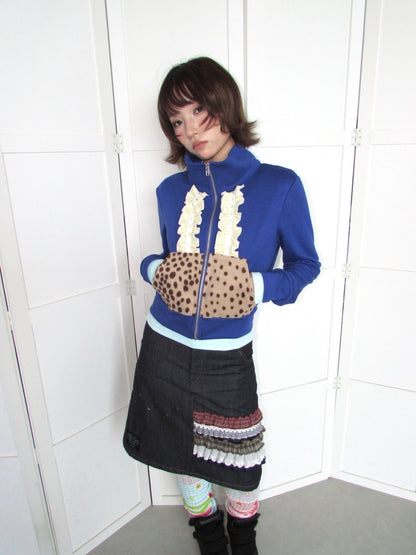 Lace Patchwork Deer Short Jacket Zipper Terry Thin Sweatshirt【s0000018951】