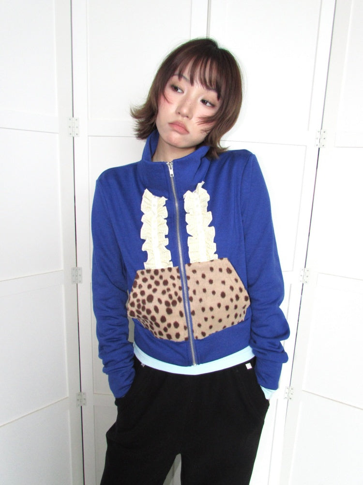Lace Patchwork Deer Short Jacket Zipper Terry Thin Sweatshirt【s0000018951】
