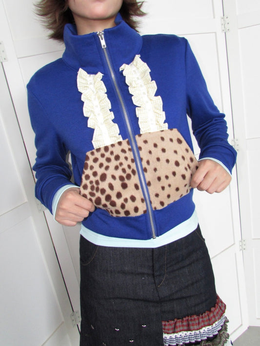 Lace Patchwork Deer Short Jacket Zipper Terry Thin Sweatshirt【s0000018951】