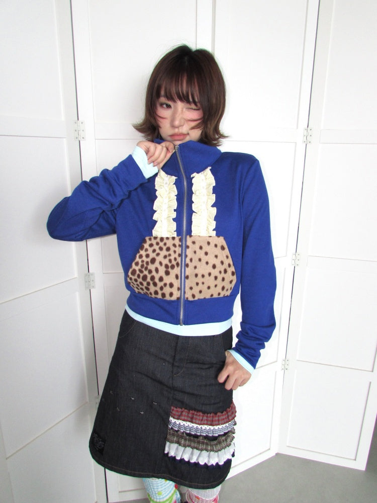 Lace Patchwork Deer Short Jacket Zipper Terry Thin Sweatshirt【s0000018951】