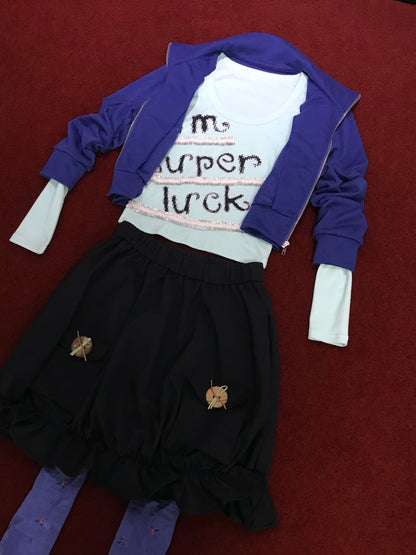 Lucky Slogan Lace Print U-Neck Slimming Thick Long-Sleeve T-Shirt【s0000018952】