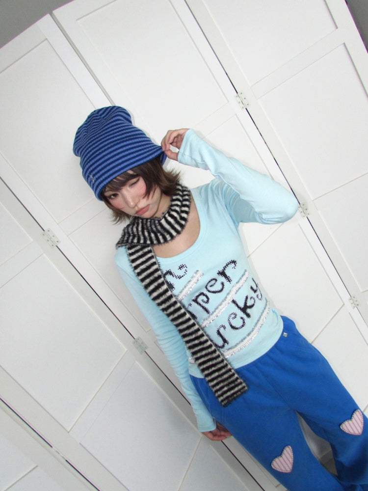 Lucky Slogan Lace Print U-Neck Slimming Thick Long-Sleeve T-Shirt【s0000018952】