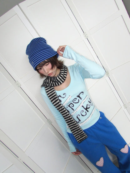 Lucky Slogan Lace Print U-Neck Slimming Thick Long-Sleeve T-Shirt【s0000018952】