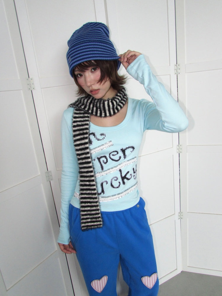 Lucky Slogan Lace Print U-Neck Slimming Thick Long-Sleeve T-Shirt【s0000018952】