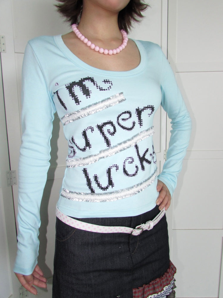 Lucky Slogan Lace Print U-Neck Slimming Thick Long-Sleeve T-Shirt【s0000018952】