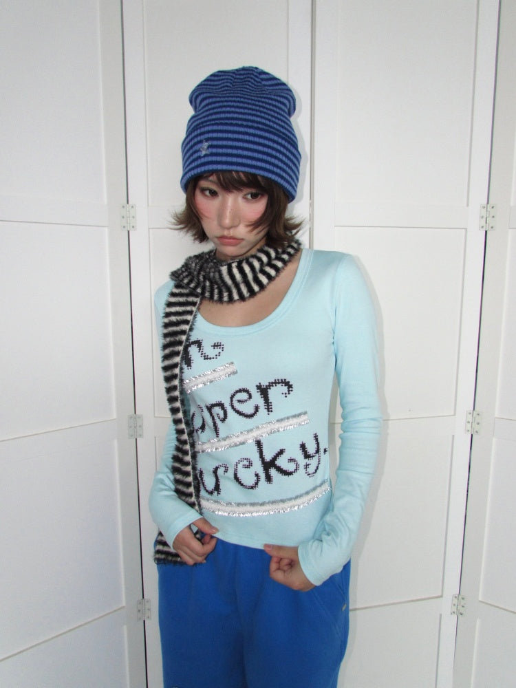 Lucky Slogan Lace Print U-Neck Slimming Thick Long-Sleeve T-Shirt【s0000018952】