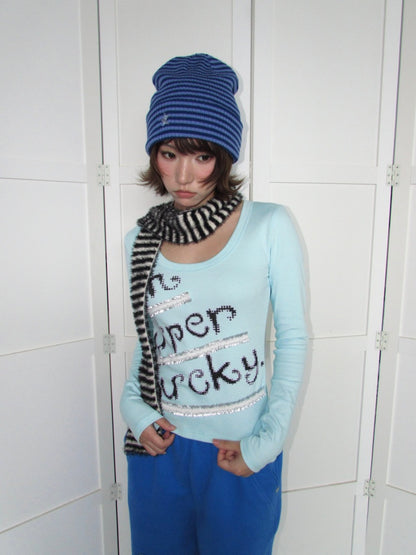 Lucky Slogan Lace Print U-Neck Slimming Thick Long-Sleeve T-Shirt【s0000018952】