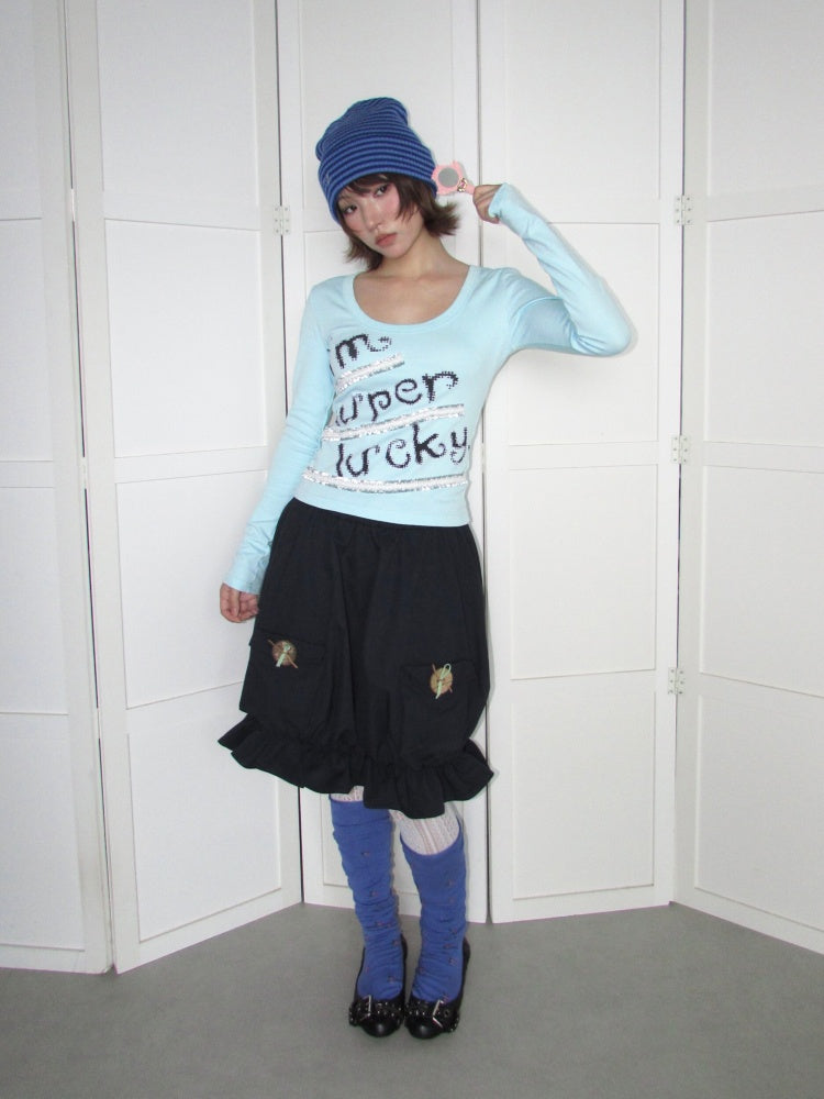 Lucky Slogan Lace Print U-Neck Slimming Thick Long-Sleeve T-Shirt【s0000018952】