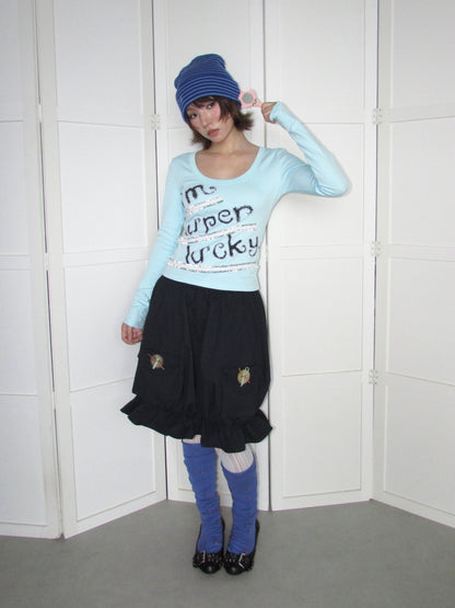 Lucky Slogan Lace Print U-Neck Slimming Thick Long-Sleeve T-Shirt【s0000018952】