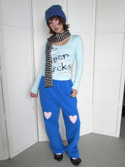 Lucky Slogan Lace Print U-Neck Slimming Thick Long-Sleeve T-Shirt【s0000018952】