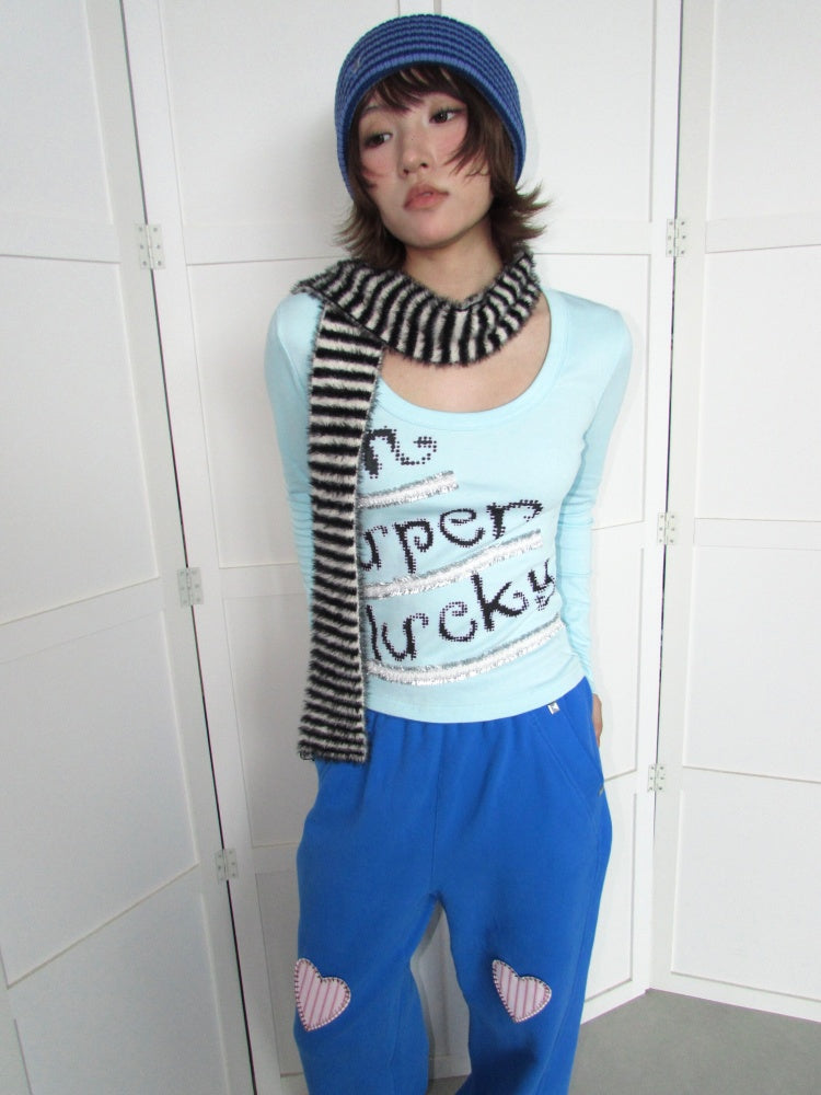 Lucky Slogan Lace Print U-Neck Slimming Thick Long-Sleeve T-Shirt【s0000018952】