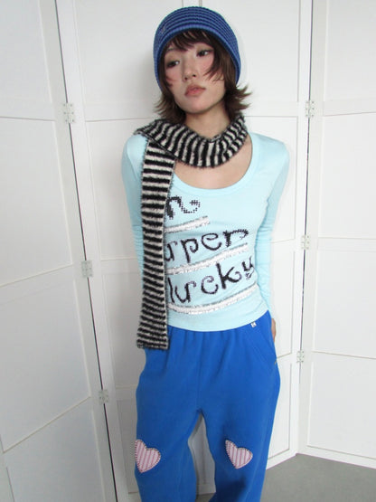 Lucky Slogan Lace Print U-Neck Slimming Thick Long-Sleeve T-Shirt【s0000018952】
