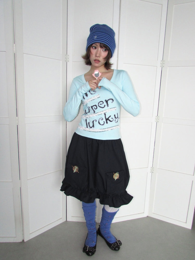 Lucky Slogan Lace Print U-Neck Slimming Thick Long-Sleeve T-Shirt【s0000018952】