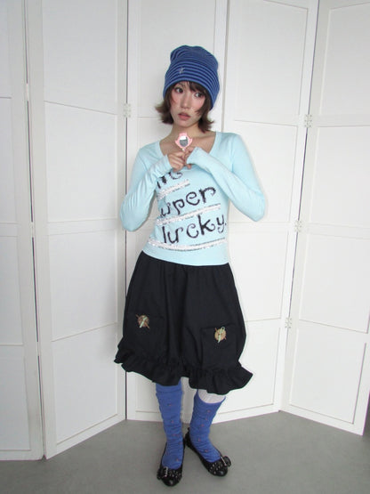 Lucky Slogan Lace Print U-Neck Slimming Thick Long-Sleeve T-Shirt【s0000018952】