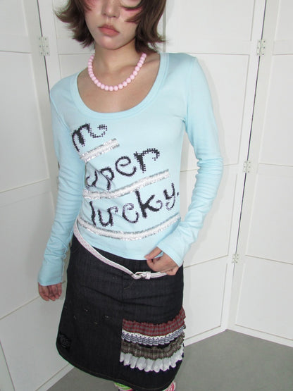 Lucky Slogan Lace Print U-Neck Slimming Thick Long-Sleeve T-Shirt【s0000018952】