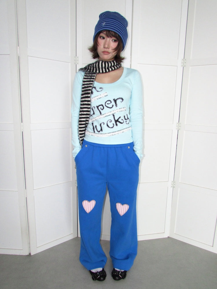 Lucky Slogan Lace Print U-Neck Slimming Thick Long-Sleeve T-Shirt【s0000018952】