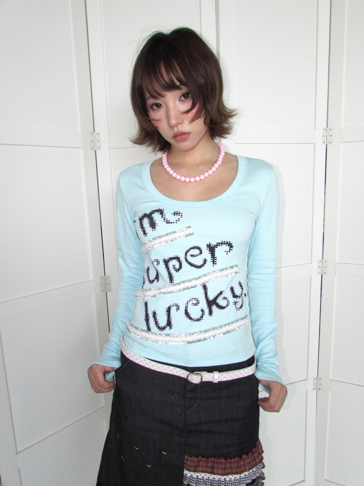 Lucky Slogan Lace Print U-Neck Slimming Thick Long-Sleeve T-Shirt【s0000018952】