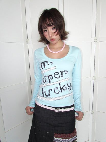 Lucky Slogan Lace Print U-Neck Slimming Thick Long-Sleeve T-Shirt【s0000018952】