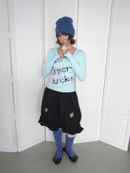 Lucky Slogan Lace Print U-Neck Slimming Thick Long-Sleeve T-Shirt【s0000018952】