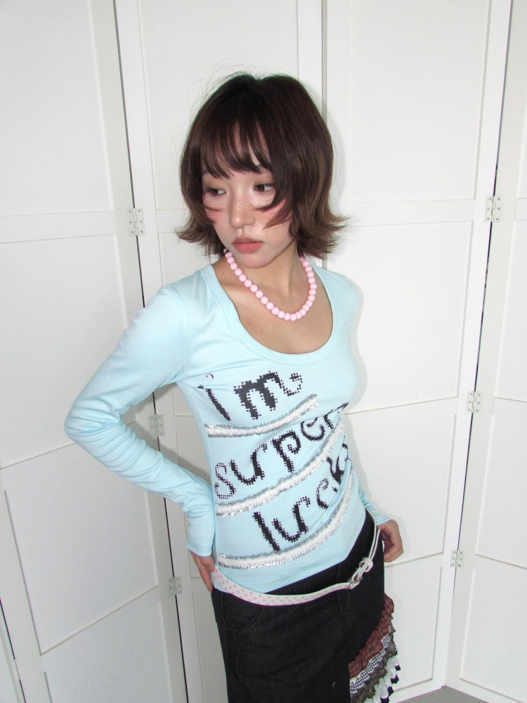 Lucky Slogan Lace Print U-Neck Slimming Thick Long-Sleeve T-Shirt【s0000018952】