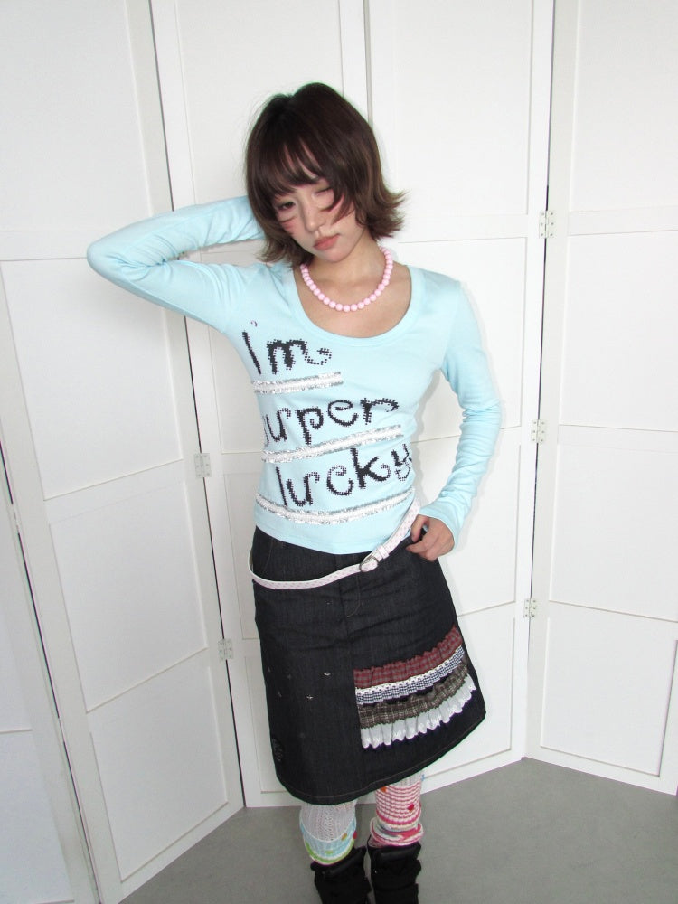 Lucky Slogan Lace Print U-Neck Slimming Thick Long-Sleeve T-Shirt【s0000018952】