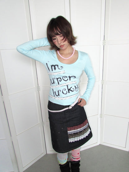Lucky Slogan Lace Print U-Neck Slimming Thick Long-Sleeve T-Shirt【s0000018952】