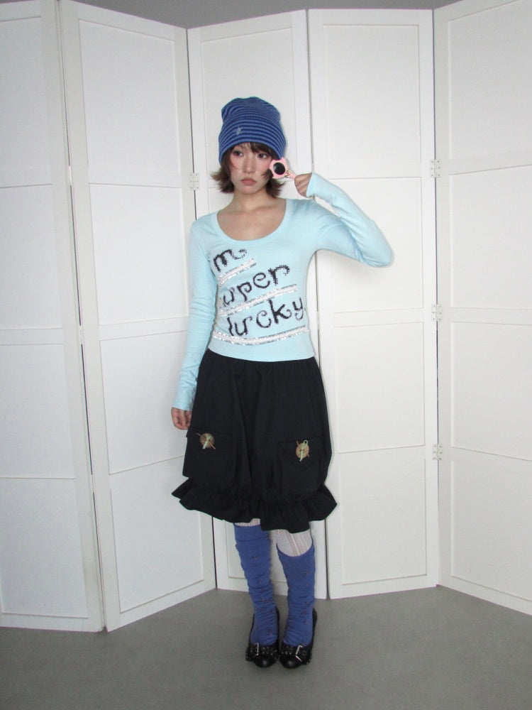 Lucky Slogan Lace Print U-Neck Slimming Thick Long-Sleeve T-Shirt【s0000018952】