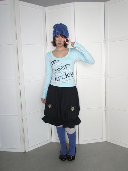 Lucky Slogan Lace Print U-Neck Slimming Thick Long-Sleeve T-Shirt【s0000018952】