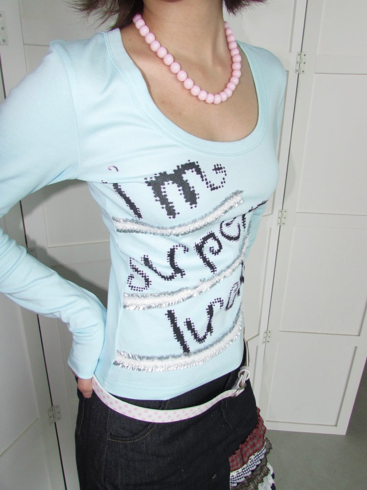 Lucky Slogan Lace Print U-Neck Slimming Thick Long-Sleeve T-Shirt【s0000018952】
