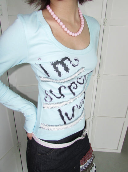 Lucky Slogan Lace Print U-Neck Slimming Thick Long-Sleeve T-Shirt【s0000018952】
