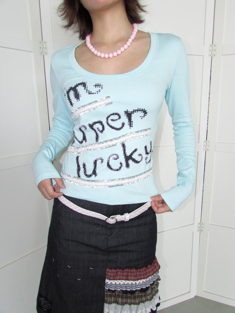 Lucky Slogan Lace Print U-Neck Slimming Thick Long-Sleeve T-Shirt【s0000018952】