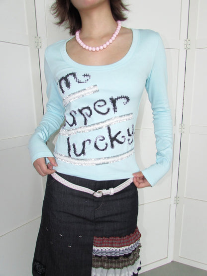 Lucky Slogan Lace Print U-Neck Slimming Thick Long-Sleeve T-Shirt【s0000018952】