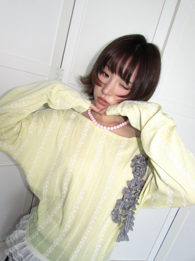 3D Corsage Wide Neckline Lace Hem Bat Sleeve Loose Long-Sleeve T-Shirt【s0000018953】