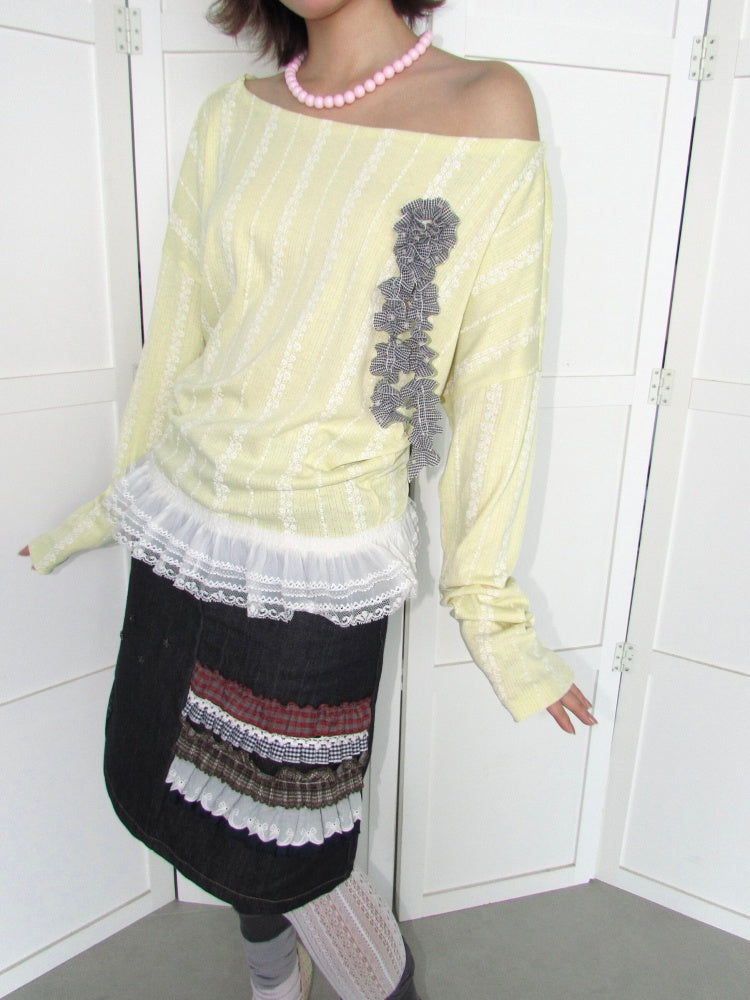 3D Corsage Wide Neckline Lace Hem Bat Sleeve Loose Long-Sleeve T-Shirt【s0000018953】