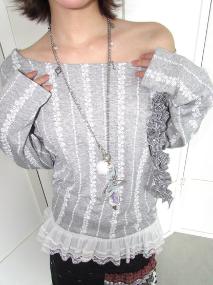 3D Corsage Wide Neckline Lace Hem Bat Sleeve Loose Long-Sleeve T-Shirt【s0000018953】