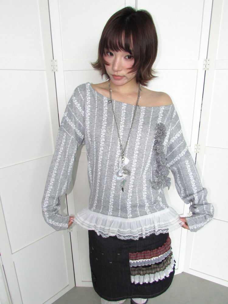 3D Corsage Wide Neckline Lace Hem Bat Sleeve Loose Long-Sleeve T-Shirt【s0000018953】