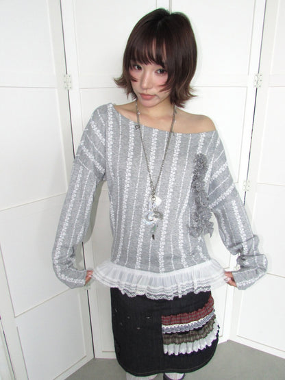 3D Corsage Wide Neckline Lace Hem Bat Sleeve Loose Long-Sleeve T-Shirt【s0000018953】
