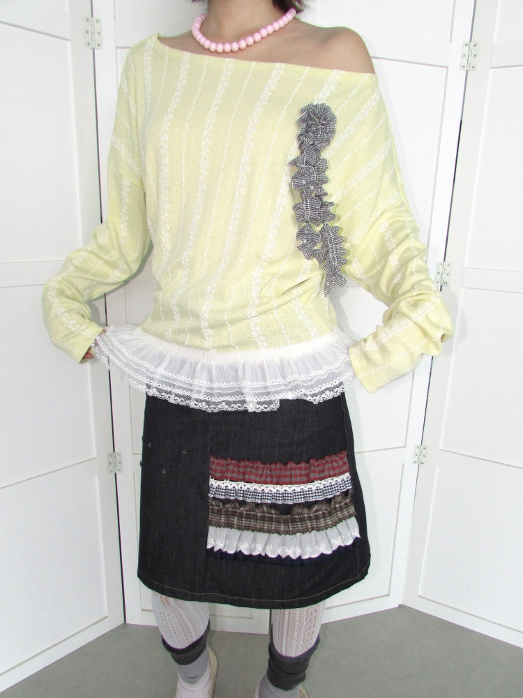 3D Corsage Wide Neckline Lace Hem Bat Sleeve Loose Long-Sleeve T-Shirt【s0000018953】