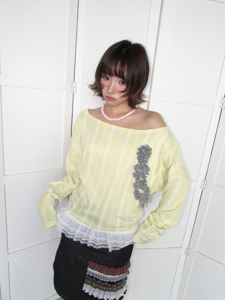 3D Corsage Wide Neckline Lace Hem Bat Sleeve Loose Long-Sleeve T-Shirt【s0000018953】