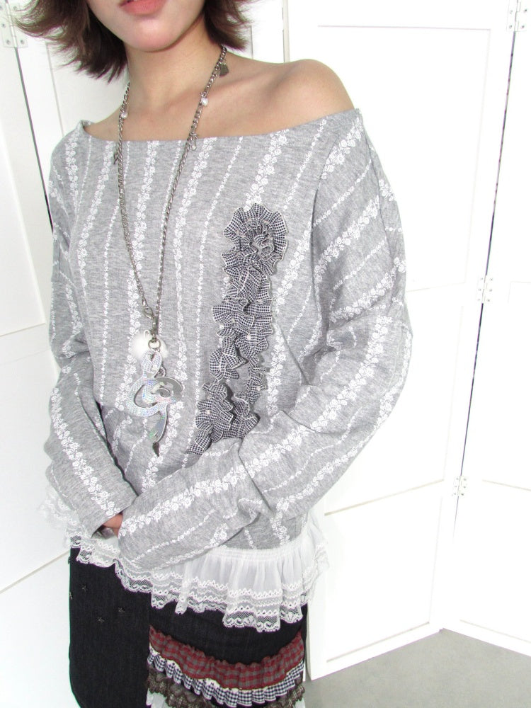 3D Corsage Wide Neckline Lace Hem Bat Sleeve Loose Long-Sleeve T-Shirt【s0000018953】