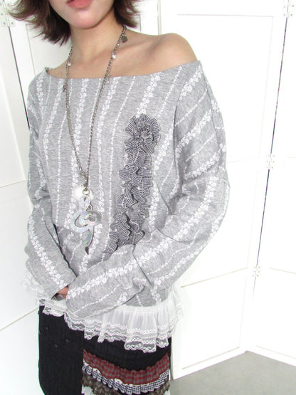 3D Corsage Wide Neckline Lace Hem Bat Sleeve Loose Long-Sleeve T-Shirt【s0000018953】