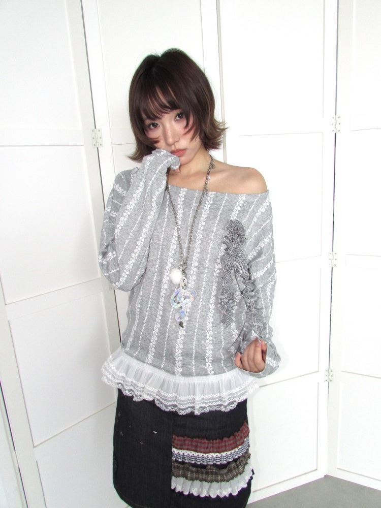 3D Corsage Wide Neckline Lace Hem Bat Sleeve Loose Long-Sleeve T-Shirt【s0000018953】
