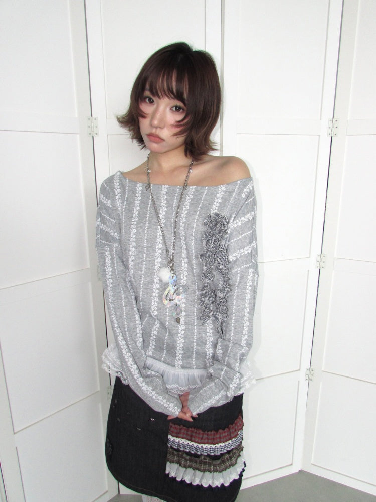3D Corsage Wide Neckline Lace Hem Bat Sleeve Loose Long-Sleeve T-Shirt【s0000018953】