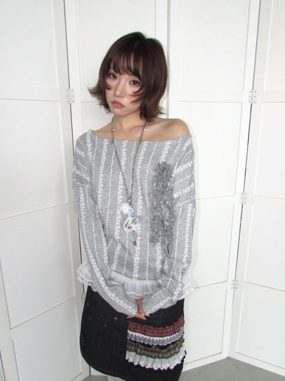 3D Corsage Wide Neckline Lace Hem Bat Sleeve Loose Long-Sleeve T-Shirt【s0000018953】