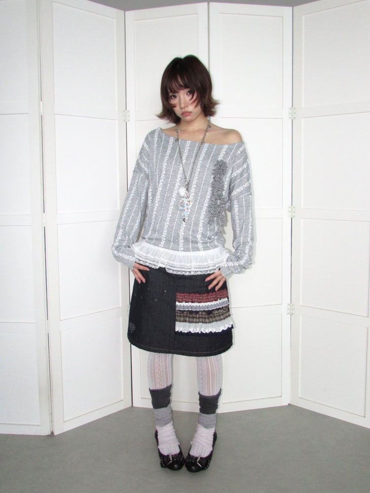3D Corsage Wide Neckline Lace Hem Bat Sleeve Loose Long-Sleeve T-Shirt【s0000018953】