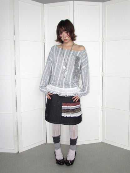 3D Corsage Wide Neckline Lace Hem Bat Sleeve Loose Long-Sleeve T-Shirt【s0000018953】