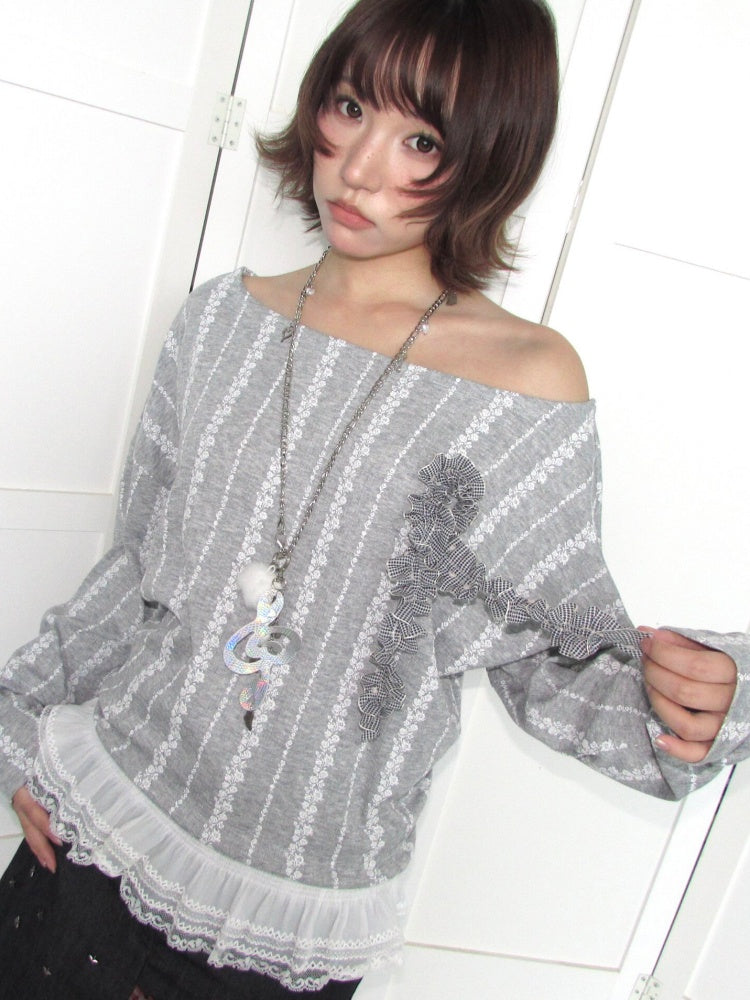 3D Corsage Wide Neckline Lace Hem Bat Sleeve Loose Long-Sleeve T-Shirt【s0000018953】