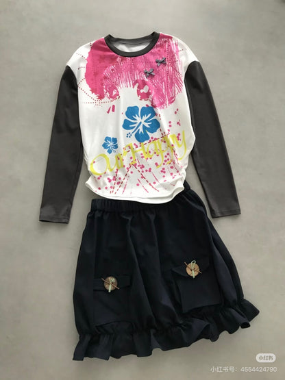 Comic Girl Print Bow Decoration Waist-Cinching Pleated Loose Long-Sleeve Top【s0000018954】