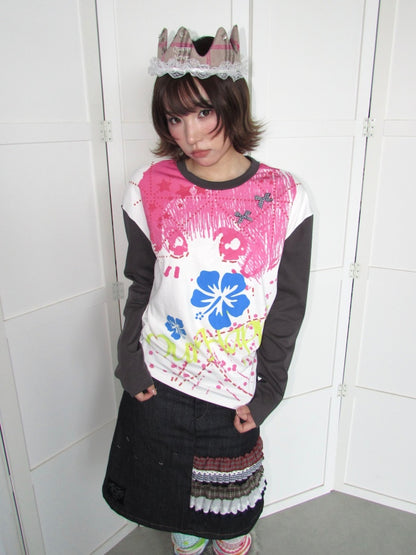 Comic Girl Print Bow Decoration Waist-Cinching Pleated Loose Long-Sleeve Top【s0000018954】